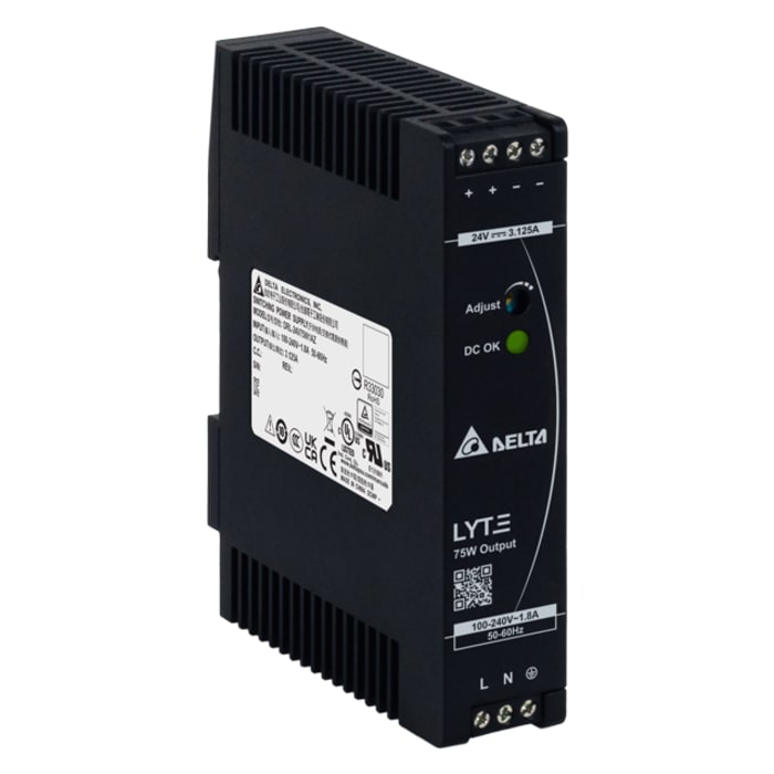 Delta Electronics DRL Switched Mode DIN Rail Power Supply, 85 → 264V ac ac Input, 24V dc dc Output, 3.125A