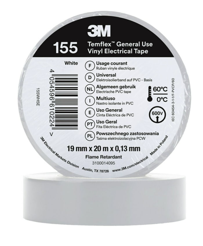 3M Temflex 155 White Vinyl Electrical Tape, 19mm x 20m