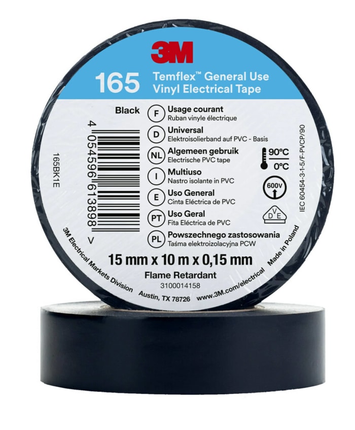 3M Temflex 165 Black Vinyl Electrical Tape, 15mm x 10m