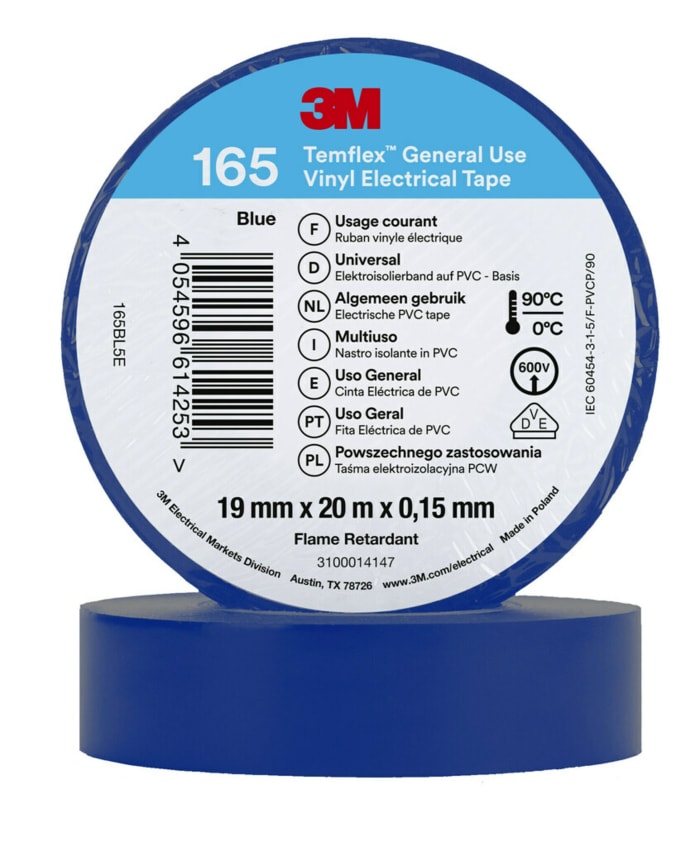 3M Temflex 165 Blue PVC Electrical Tape, 19mm x 20m