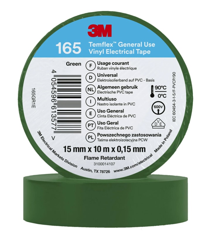 3M Temflex Green Vinyl Electrical Tape, 15mm x 10m