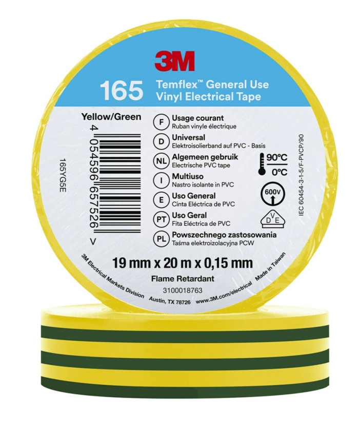 Ruban isolant 3M Temflex en Vinyle Vert, Jaune, 20m x 19mm