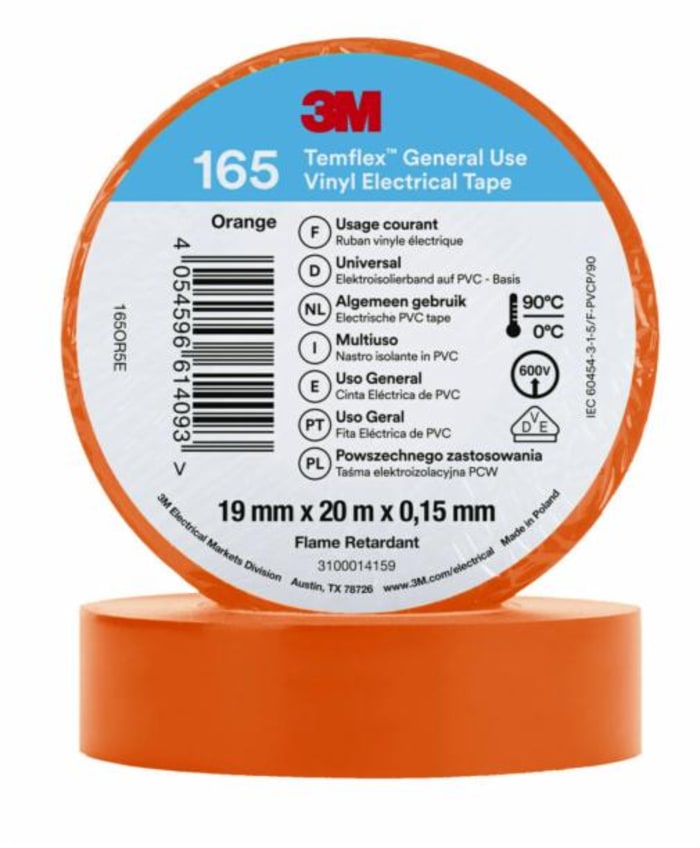 Ruban isolant 3M Temflex 155 en Vinyle Orange, 20m x 19mm