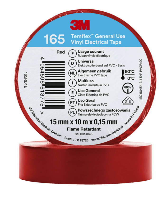 3M Temflex 165 Red Vinyl Electrical Tape, 15mm x 10m | 3M | RS Components  India