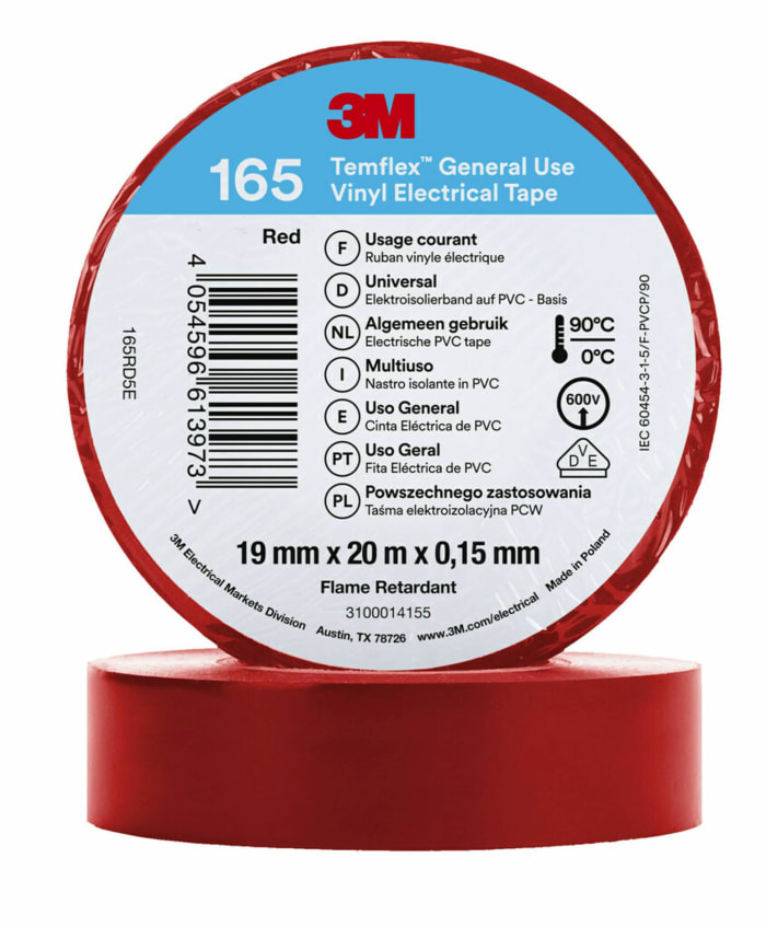 3M Temflex 165 Red Vinyl Electrical Tape, 19mm x 20m