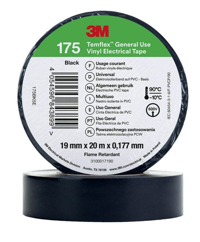3M Temflex Black Vinyl Electrical Tape 19mm x 20m