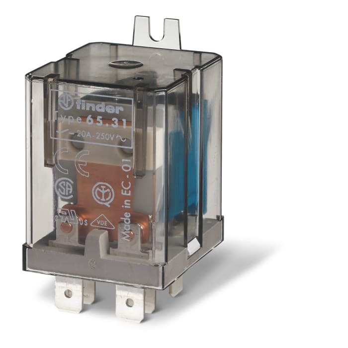 Relé sin enclavamiento Finder de 1 polo, SPST, SPST, bobina 230V ac, 20A, Montaje por reborde