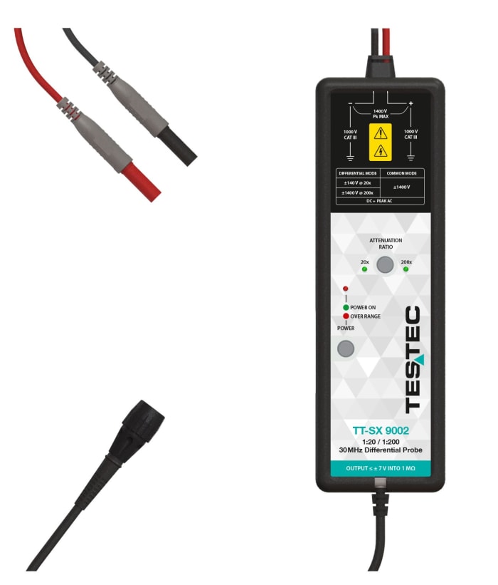 Testec TT-SX 9000 Series TT-SX 9002 Oscilloscope Probe, Differential Type, 30MHz, 1:20, 1:200, BNC Connector