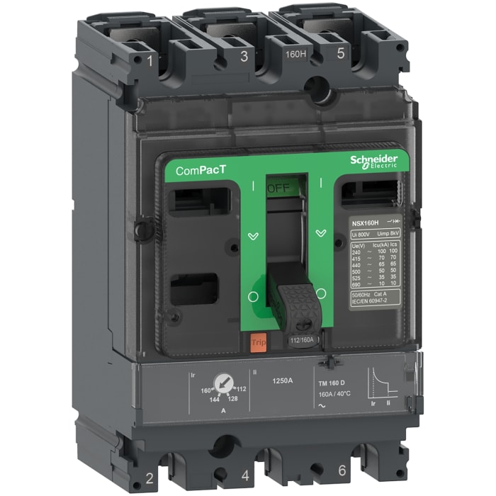 Schneider Electric, ComPact NSX100B, C10B Circuit Breaker 3-Pole 80A, Breaking Capacity 25 kA