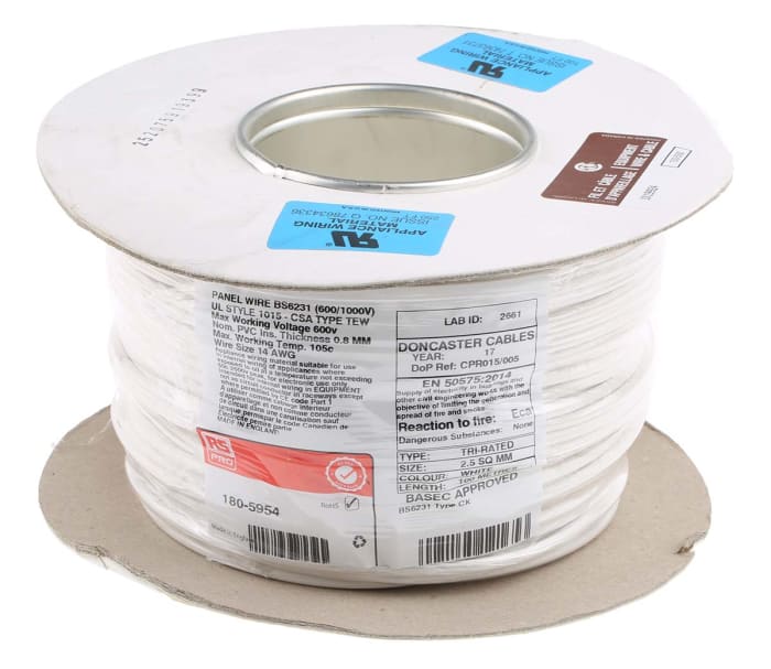 RS PRO White 2.5 mm² Hook Up Wire, 14 AWG, 45/0.25mm, 100m, PVC Insulation  | RS PRO | RS Components OMAN