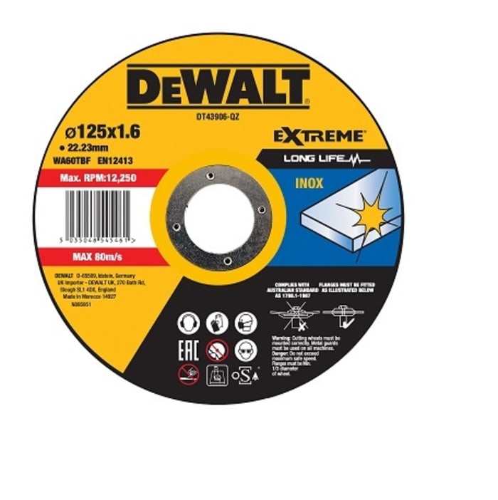 DeWALT inox cutting series Aluminium Oxide Cutting Disc, 125mm x 1.6mm Thick, DT43906, 25 in pack