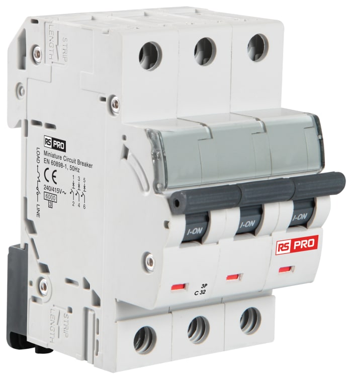 RS PRO Miniature Circuit Breaker, 3-Pole, 6A, Type C, 240V ac AC, 240 V dc DC, 10 kA Breaking Capacity