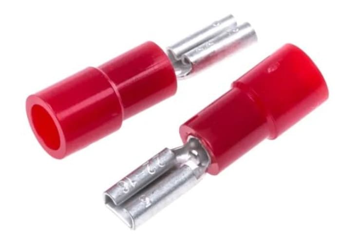 Terminal de lengüeta hembra Aislado de color Rojo RS PRO, 2.8 x 0.5 mm, long. 19.6 mm, 22 AWG → 16 AWG, de Latón