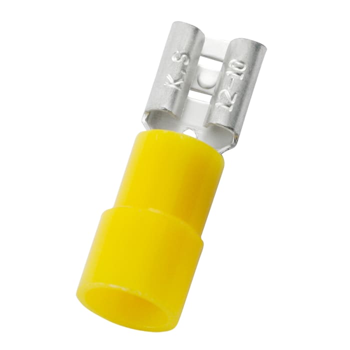 Terminal de lengüeta hembra Aislado de color Amarillo RS PRO, 6.35 x 0.8 mm, long. 23.5 mm, 12 AWG → 10 AWG, de Latón
