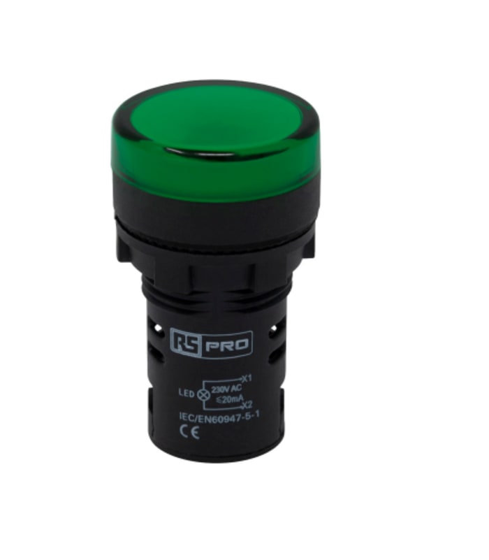 RS PRO, Panel Mount Green LED Pilot Light, 22 mm Cutout, IP65, Round, 230V ac