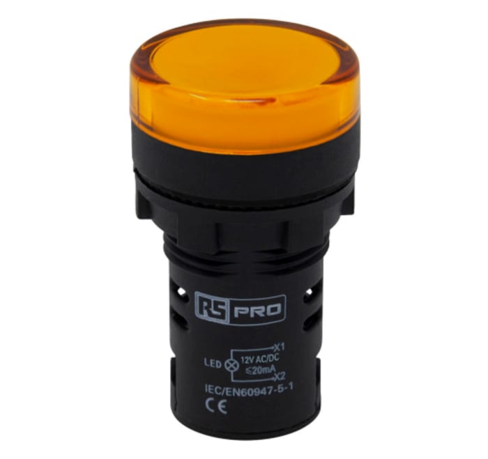 RS PRO, Panel Mount Yellow LED Pilot Light, 22 mm Cutout, IP65, Round, 12V ac/dc