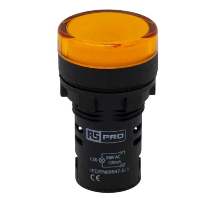 RS PRO, Panel Mount Yellow LED Pilot Light, 22 mm Cutout, IP65, Round, 230V ac