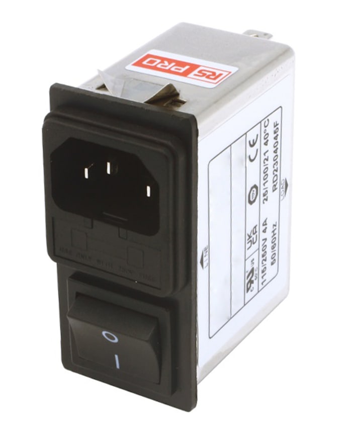 Filtro IEC RS PRO, 250 V ac, 4A, con 1 fusible de 6.3 x 0.8mm, con interrruptor de 2 Polos