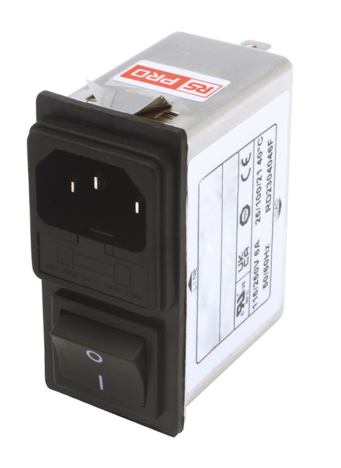 Filtro IEC RS PRO, 250 V ac, 6A, con 1 fusible de 6.3 x 0.8mm, con interrruptor de 2 Polos
