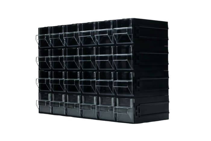 RS PRO 24 Drawer Storage Unit, Polystyrene, 225mm x 338mm x 133mm, Black, Transparent