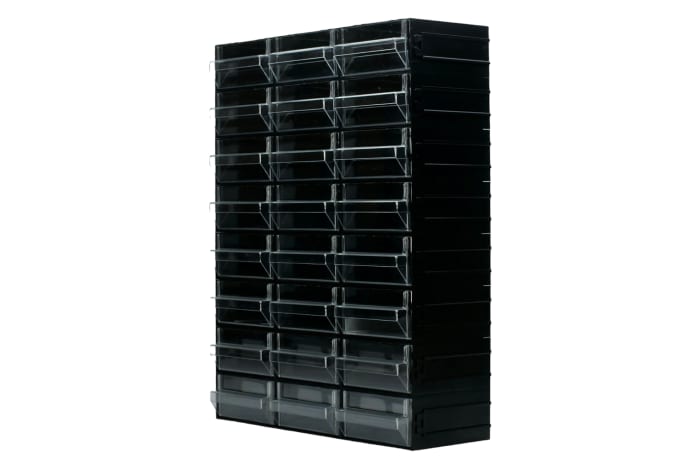 RS PRO 24 Drawer Storage Unit, Polystyrene, 338mm x 450mm x 133mm, Black, Transparent