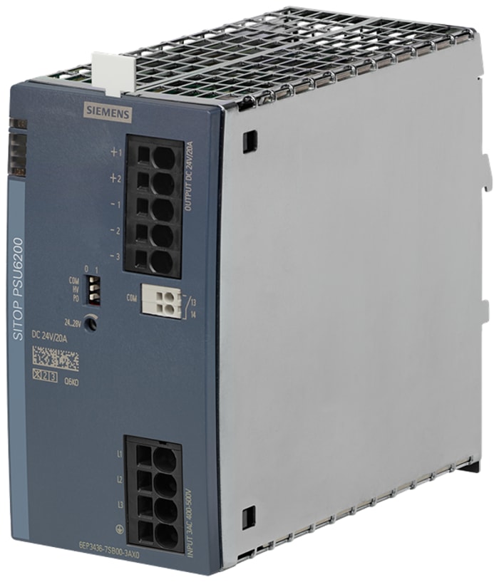 Siemens 6EP3436 DIN Rail DIN Rail Power Supply 500V ac AC Input 24V dc, 20 A Output DC