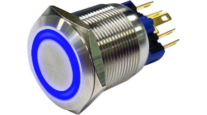 RND RND 210 Series Illuminated Vandal Proof Push Button Switch, On-(On), Panel Mount, 22mm Cutout, 1NC, 1NO, Blue LED,