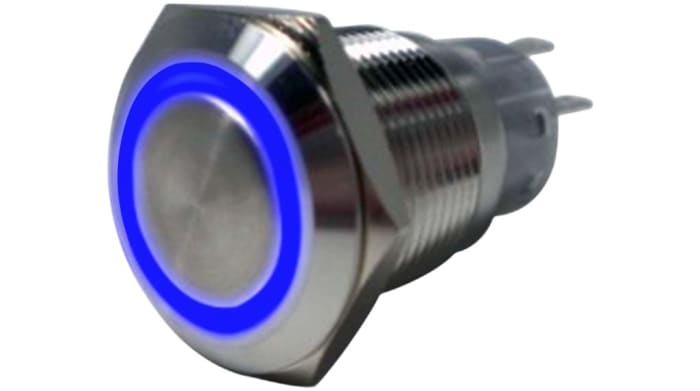 RND RND 210 Series Illuminated Vandal Proof Push Button Switch, Latching, Panel Mount, 19mm Cutout, 1NC, 1NO, Blue LED,