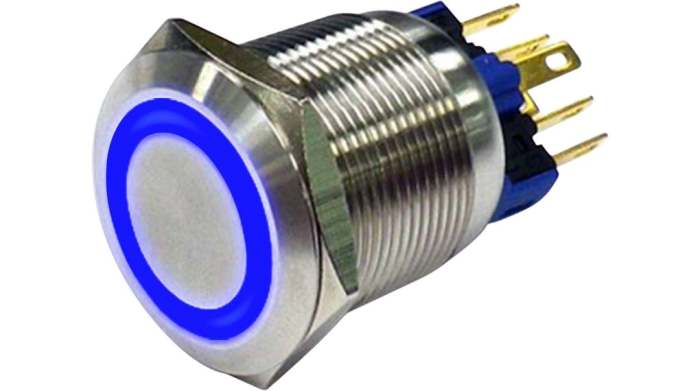 RND RND 210 Series Illuminated Vandal Proof Push Button Switch, Latching, Panel Mount, 19mm Cutout, 1NC, 1NO, Blue LED,