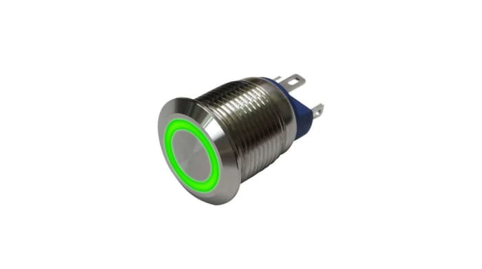 RND RND 210 Series Illuminated Vandal Proof Push Button Switch, (On)-Off, Panel Mount, 12mm Cutout, 1NO, Green LED, 36V