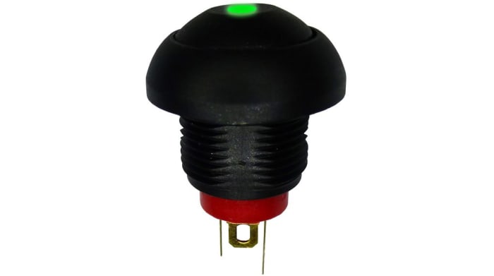 RND RND 210 Series Illuminated Push Button Switch, (On)-Off, Panel Mount, 13.6mm Cutout, Green LED, 32 V ac, 50 V dc,