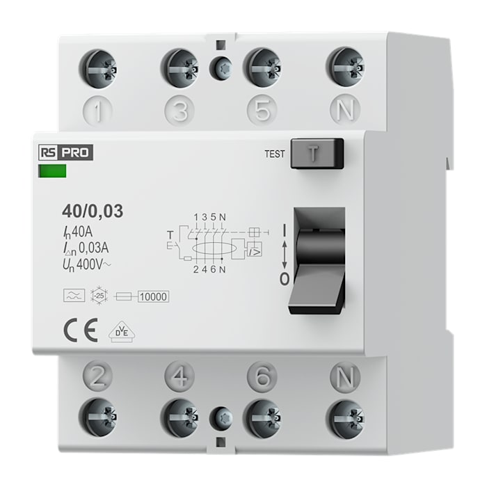 Domovní proudové chrániče RCCB 4pólový Typ A 40A 30mA RS PRO A 400V