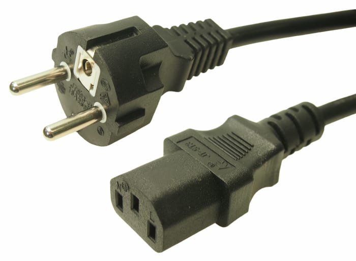 RS PRO Straight CEE 7/7 Plug to Straight IEC C13 Plug Power Cable Assembly, 1m