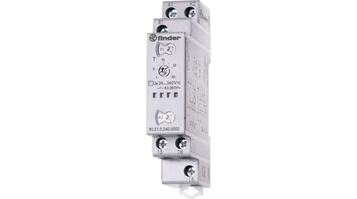Finder 80.51 Series DIN Rail Mount Time Delay Relay, 240V ac/dc, 1-Contact, 0.1 → 86400s, 6-Function, SPDT
