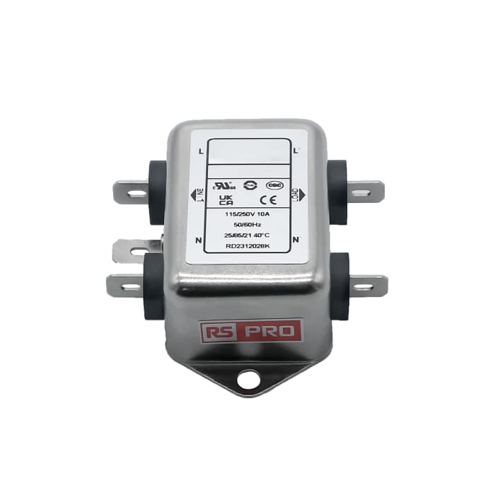 Filtro de suministro de alimentacion RS PRO 0.1μF, 10A, 115/250 V ac, 50 → 60Hz 2 x 1,0mH, Montaje en Panel, con
