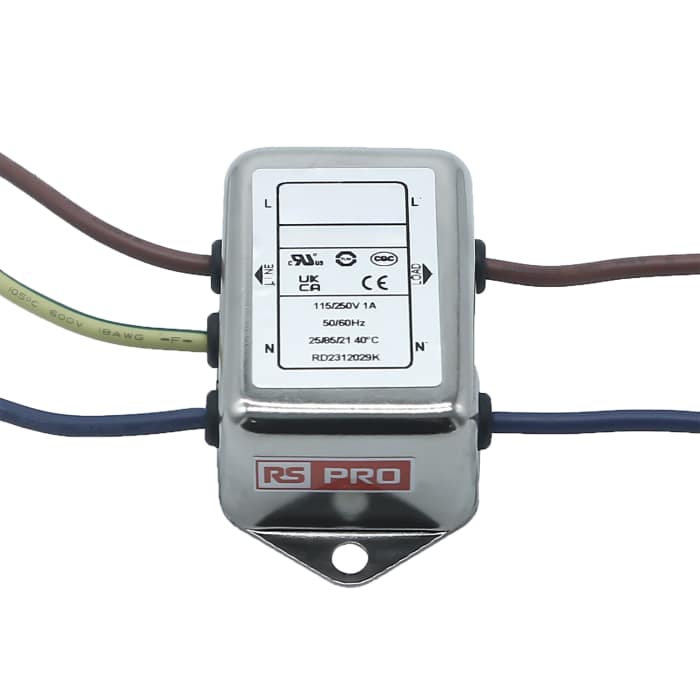 RS PRO 1A 115/250 V ac 50 → 60Hz, Chassis Mount Power Line Filter, Wire Lead, Single Phase