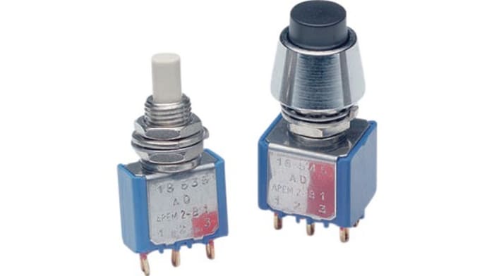 APEM 18 Series Push Button Switch, On-On, Panel, 6.4 mm Cutout, 30 V dc 125 V ac