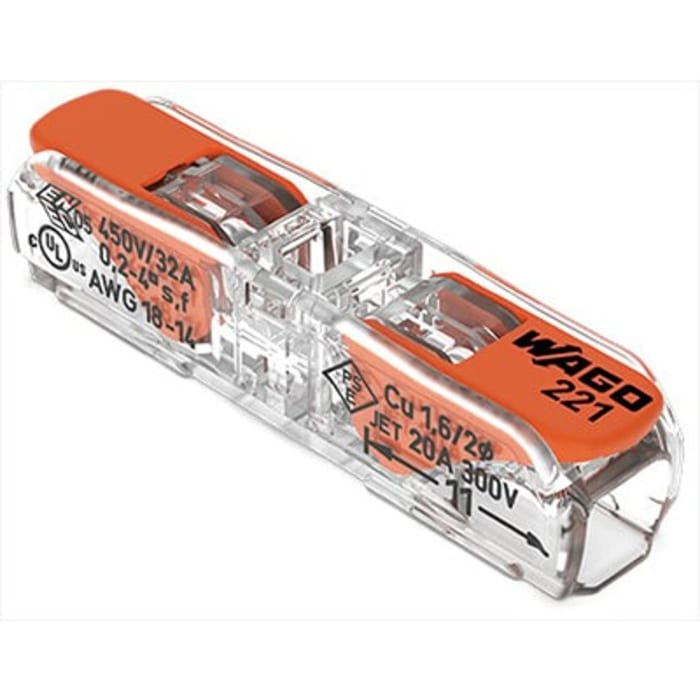 WAGO, 221 In Line Splice Connector, Clear, Insulated, Copper 0.2 → 4 mm²