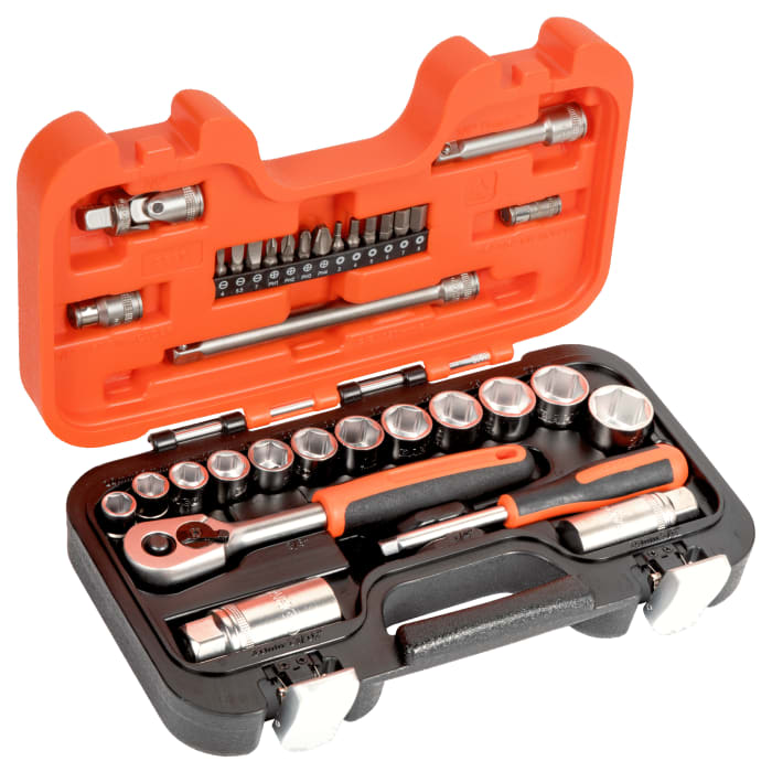 Bahco 34-Piece Metric 1/4 in; 3/8 in Standard Socket/Bit Set with Ratchet, 6 point; Hex Bit; Phillips Bit; Slotted Bit