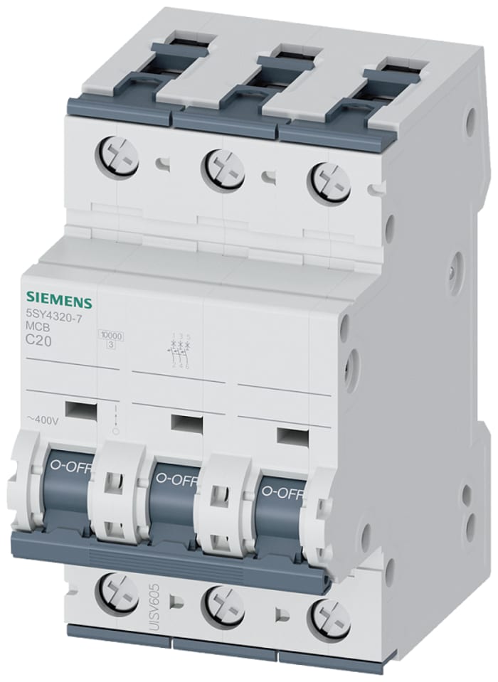 Siemens SENTRON 5SY4 MCB, 3P, 20A Curve C, 440V AC, 10 kA Breaking Capacity