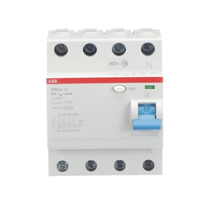 Interruptor diferencial ABB, 63A Tipo A, 4 Polos, 30mA A Conformidad RoHS, reconocimiento UL 230/400V ac