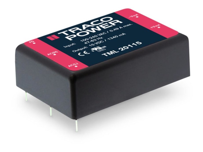 TRACOPOWER Switching Power Supply, TML 20115 15V dc, 1.34A, 20 W, Input 90 V dc, 100V ac to  264V ac