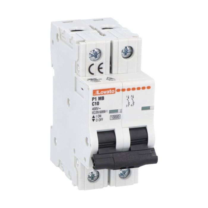 Lovato ModuLo P1MB MCB, 2P, 10A Curve C, 230V AC, 80V DC, 10 kA Breaking Capacity