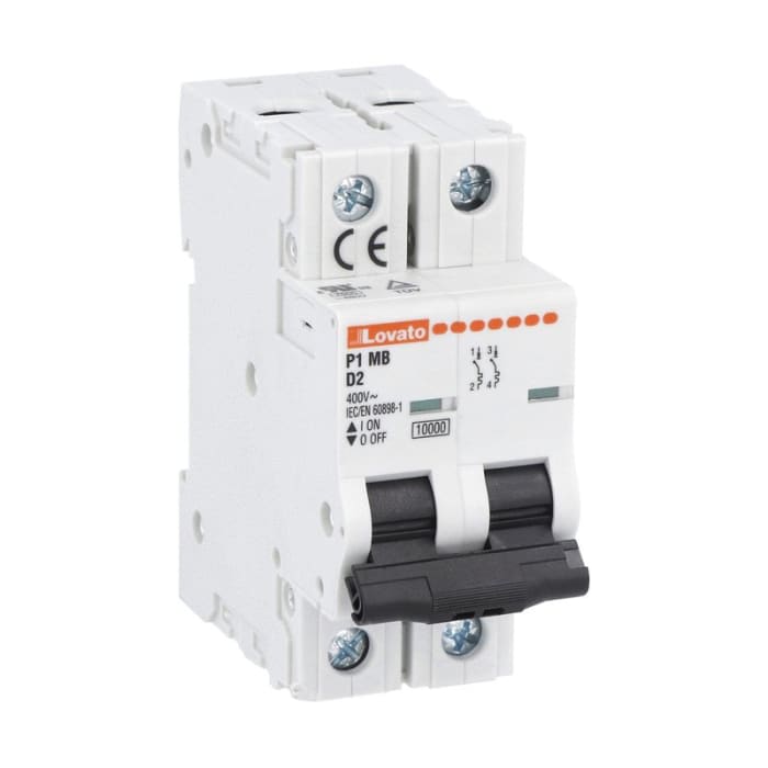 Lovato ModuLo P1MB MCB, 2P, 2A Curve D, 230V AC, 80V DC, 10 kA Breaking Capacity