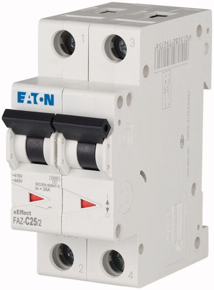 Eaton xEffect MCB, 2P, 25A Curve C, 240 → 415V AC, 60V DC, 10 kA Breaking Capacity
