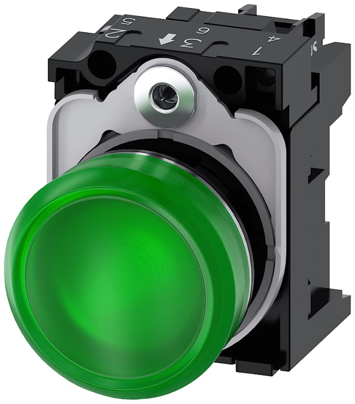 Siemens, SIRIUS ACT 3SU11, Panel Mount Green LED Pilot Light, 22mm Cutout, IP66, IP67, IP69(IP69K), Round, 24V ac/dc