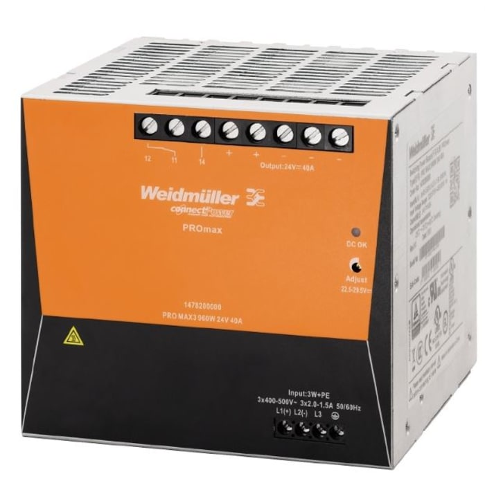 Weidmuller PRO MAX Switched Mode DIN Rail Power Supply, 320 → 575 V ac / 450 → 800V dc ac, dc Input, 24V