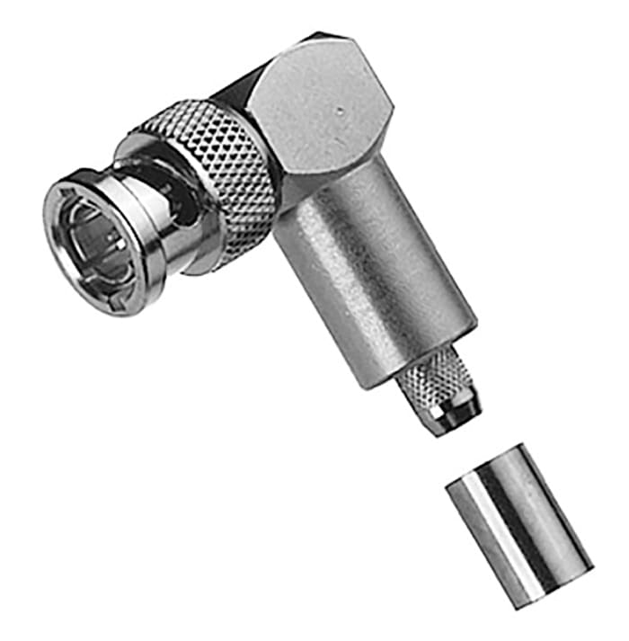 Connecteur BNC Telegartner Mâle à angle droit, raccordement A sertir 50Ω Montage sur câble