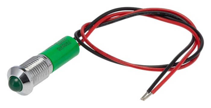 RS PRO Green Panel Mount Indicator, 24V dc, 20mA, Lead Wire Termination, IP67, Prominent