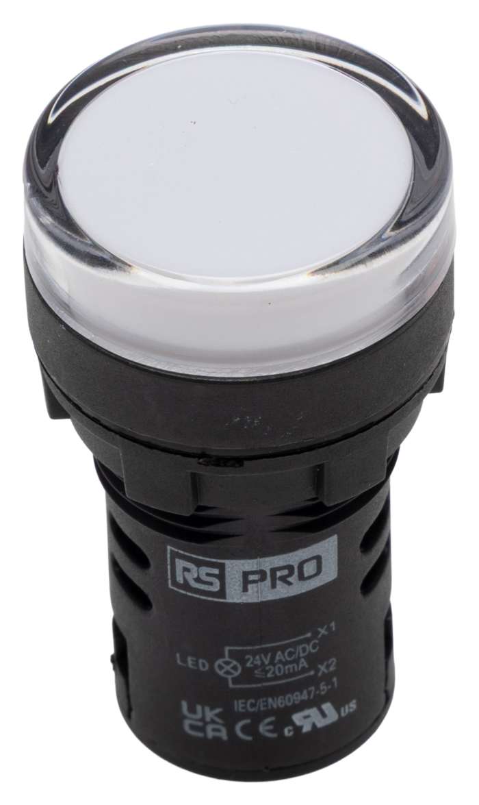 RS PRO, Panel Mount White LED Pilot Light, LEDtec, 22 mm Cutout, 24 V ac, 24V dc, IP65, Round